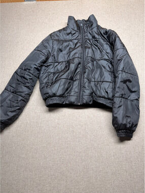 Black Cropped Puffer Jacket Full Zip Stand Collar Size 1 (Small)